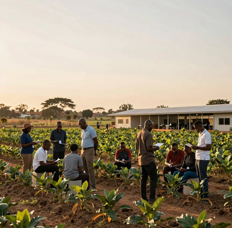 Wide environmental shot of a modern agricultural training center in Africa, warm golden hour light, local professionals collaborating, 35mm