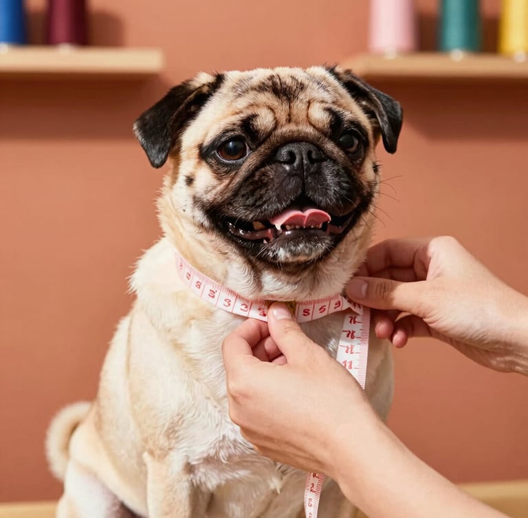 Close-up of a tailor's hands gently placing a soft measuring tape around a happy, calm pug's neck, warm natural daylight, vibrant terracotta workshop background, 35mm