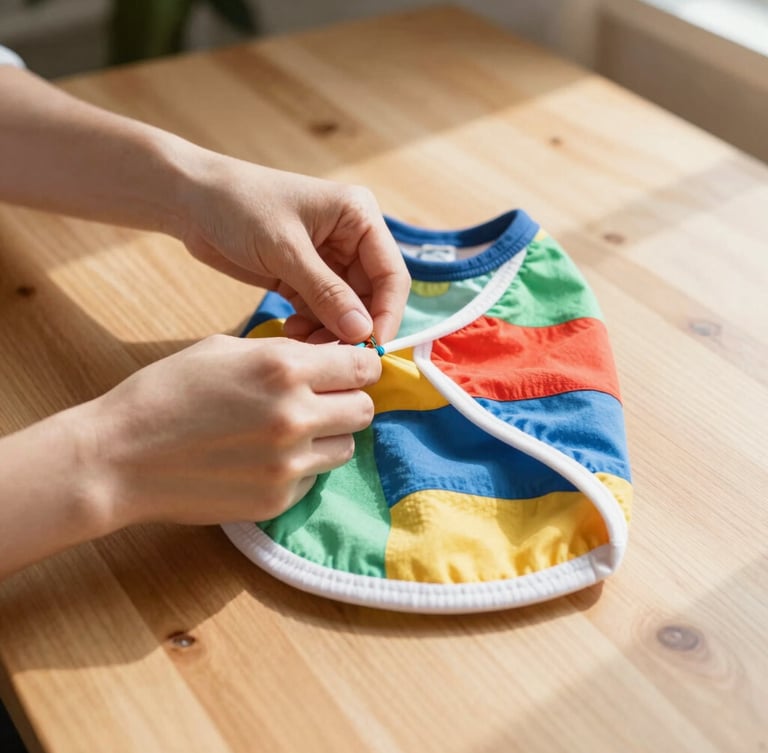 Warm indoor sunlight showing hands carefully stitching a colorful pet shirt on a clean wooden table, soft shadows, 35mm