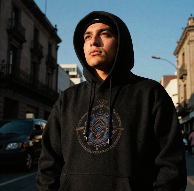 Low-angle heroic shot of a supporter in CDMX streets wearing a heavy cotton black hoodie with detailed embroidery, high-contrast urban golden hour, deep shadows