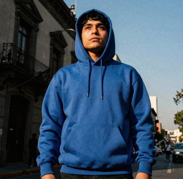 Gritty editorial streetwear photography, low-angle heroic shot of a supporter wearing a heavy cotton blue hoodie in CDMX urban streets, late-afternoon sun, 35mm film grain.