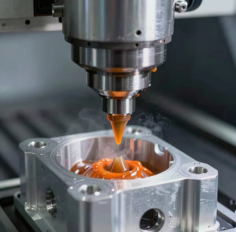 Macro close-up of a high-precision CNC milling machine carving an aluminum enclosure, sharp metallic textures, safety orange oil coolant mist, industrial daylight.
