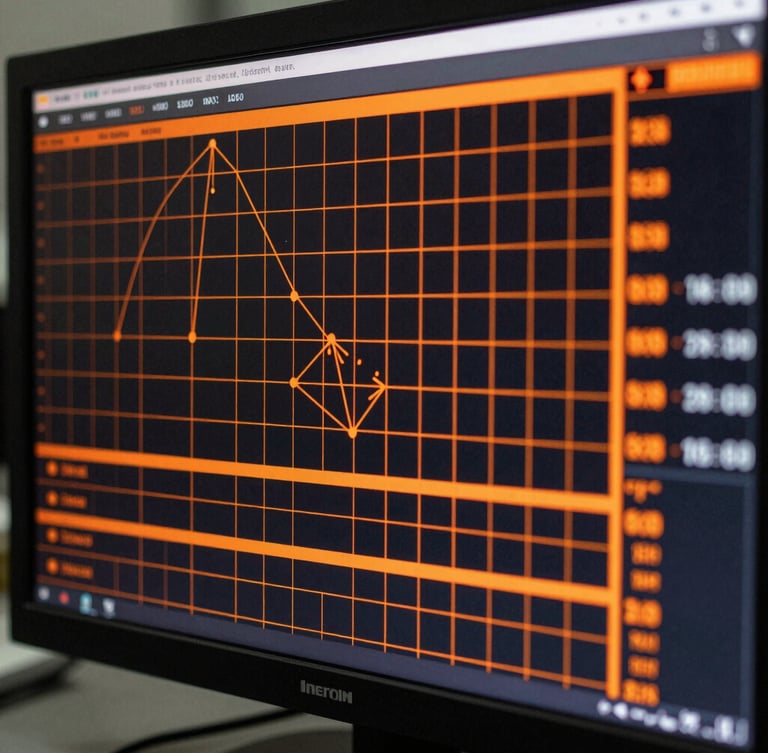 Macro close-up of high-contrast telemetry software interface on an industrial monitor, displaying real-time data streams and vector grids in safety orange.