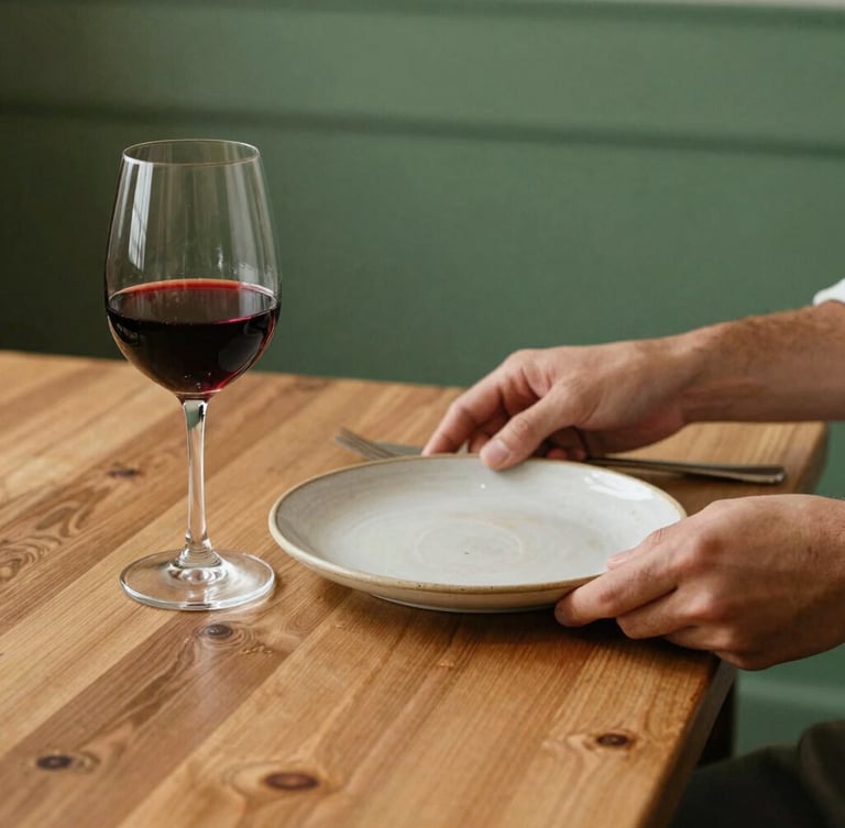 Warm editorial photography of a rustic wooden restaurant table with soft natural side-light, a glass of red wine, and hands arranging a ceramic plate, 35mm