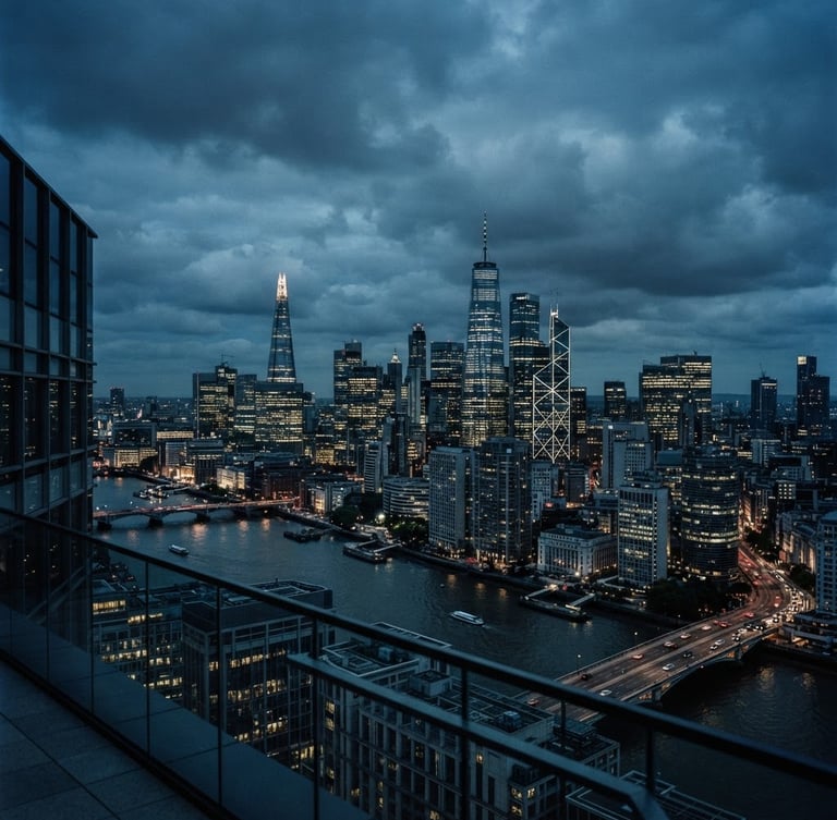 Wide panoramic view of a global financial district skyline at dusk, with architectural details and high-contrast shadows, deep navy and steel tones, 35mm
