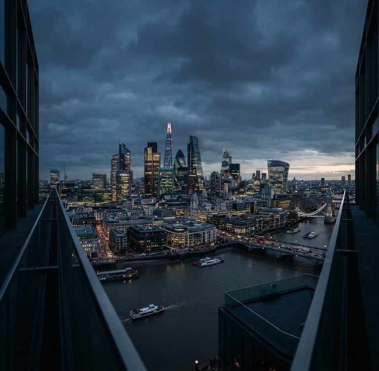 Wide panoramic view of a modern financial district skyline at dusk, architectural framing, deep navy and steel tones, cinematic, high-quality editorial photography