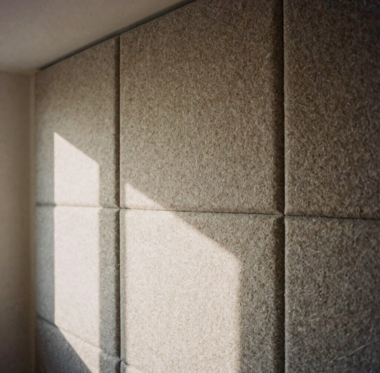 Close-up architectural shot of a modern studio apartment zoned with a heavy fabric soundproof panel, soft side lighting highlighting the rich wool felt texture.