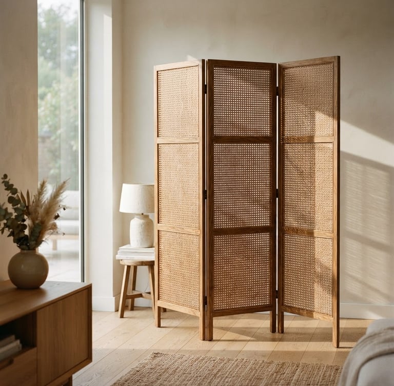 A tall portrait shot of a folding rattan screen casting soft afternoon shadows across a warm minimalist room, natural light, medium format film