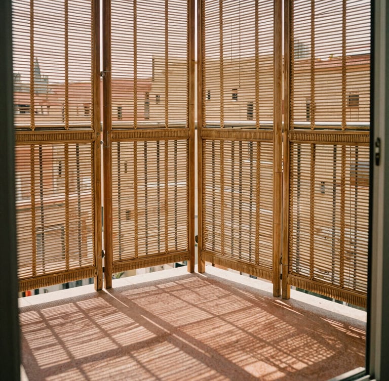 A sunny urban balcony with a structural rattan screen blocking the wind, casting intricate geometric shadows over a warm terracotta floor.