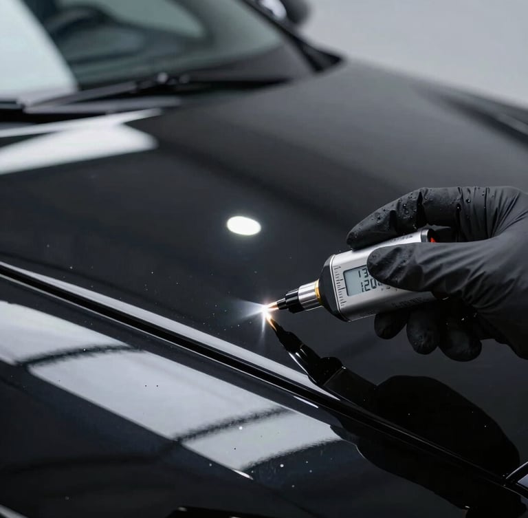 Macro close-up of a digital paint depth gauge measuring the clear coat of a gloss-black exotic car, gloved hand, sharp white LED reflections.