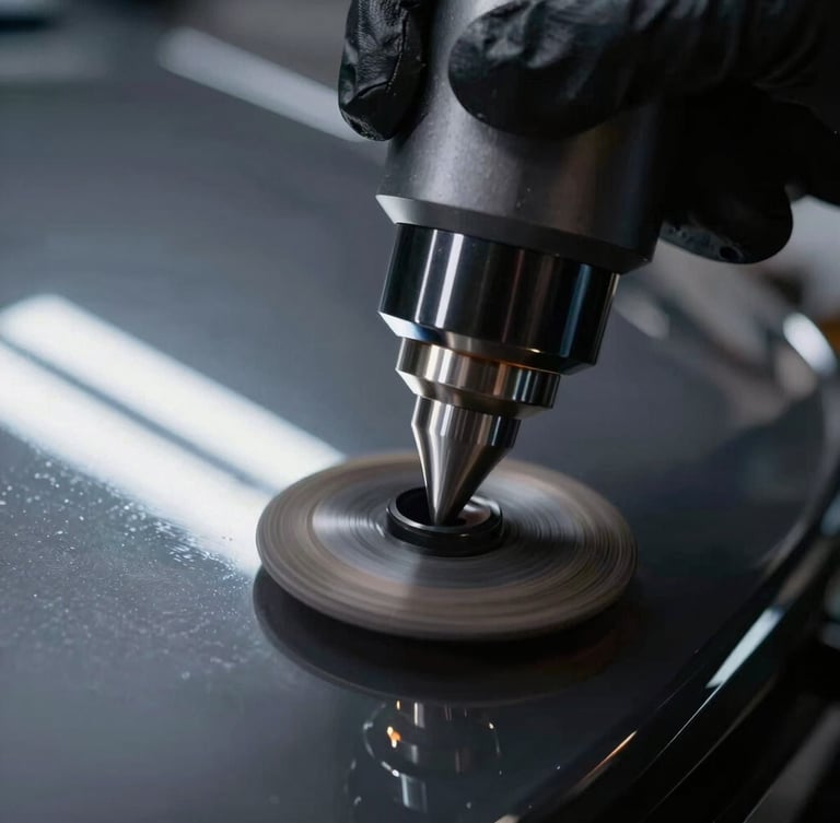 Extreme close-up of a polishing machine head on dark metallic paint, sharp neon-white LED light bars reflecting off the flawless gloss, black-gloved hand guiding the tool, 50mm.