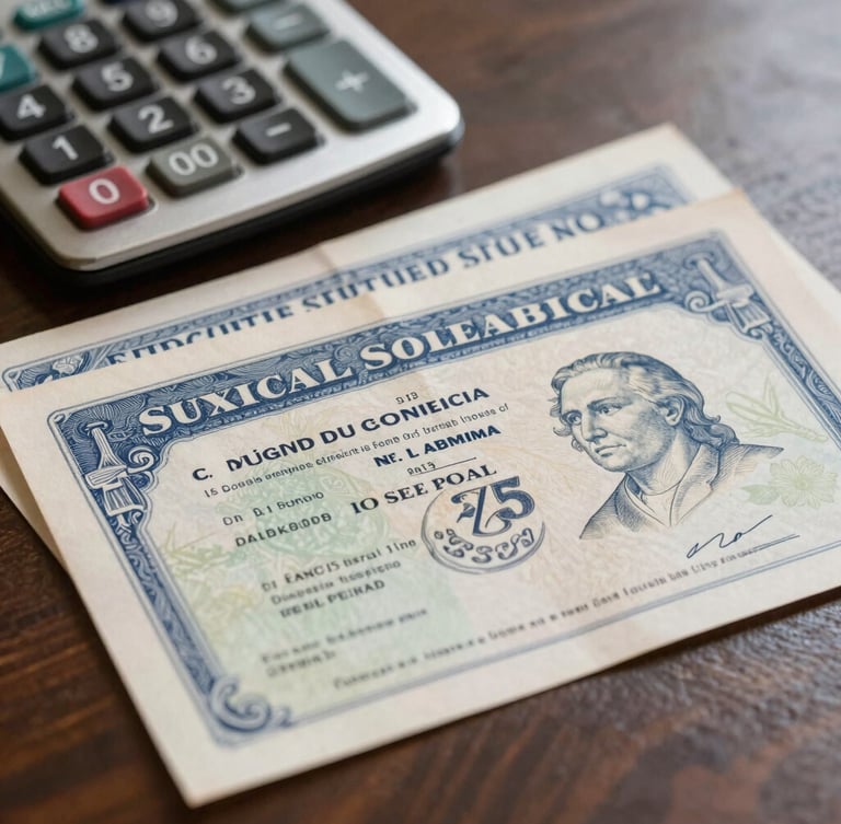 Macro shot of physical Mexican social security documents and a clean metal calculator on a dark wooden desk, soft natural side lighting