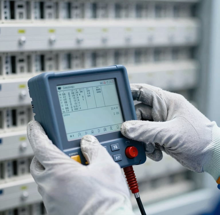 Detailed close-up of a certified electrical engineer's hands adjusting a precise digital measurement device, wearing clean technical work gloves, high-contrast daylight, sharp focus on the device screen showing monospaced numbers, no faces, industrial background.