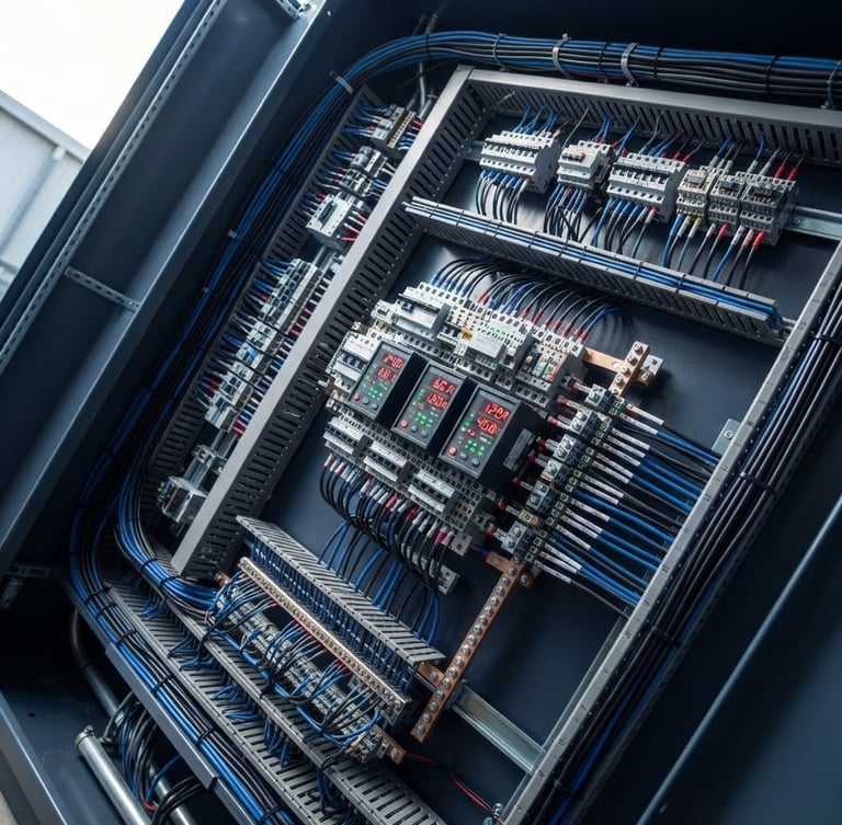 Close-up of a modern electrical panel with crisp, straight wiring and digital readouts, high-contrast daylight, sharp diagonal angle, deep navy and metallic tones.