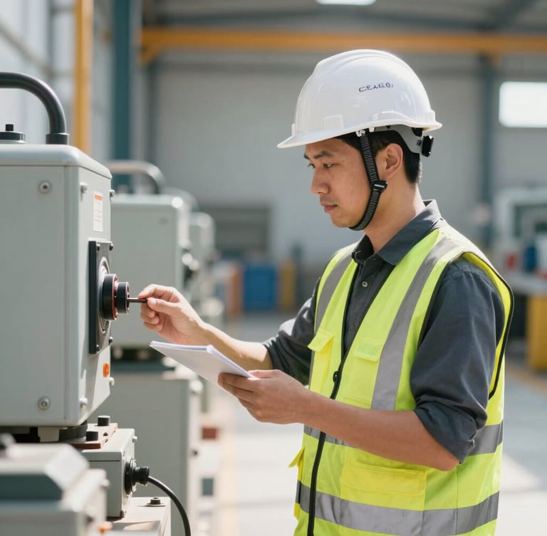 clean editorial photography, bright natural daylight, industrial safety accents, sharp focus, professional corporate realistic style. Side view of a safety inspector wearing a white hard hat and high-visibility vest, examining equipment in a clean, well-lit Chilean workshop.