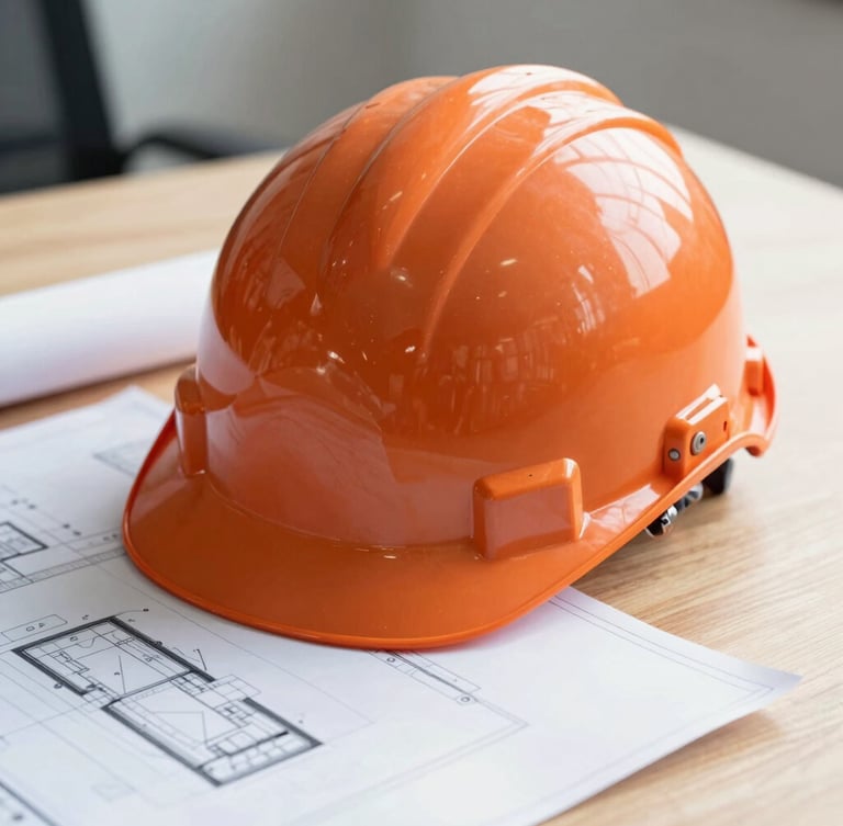 Close-up of a safety orange helmet resting on a clean wooden desk next to a blueprint, bright natural daylight, professional corporate realistic style