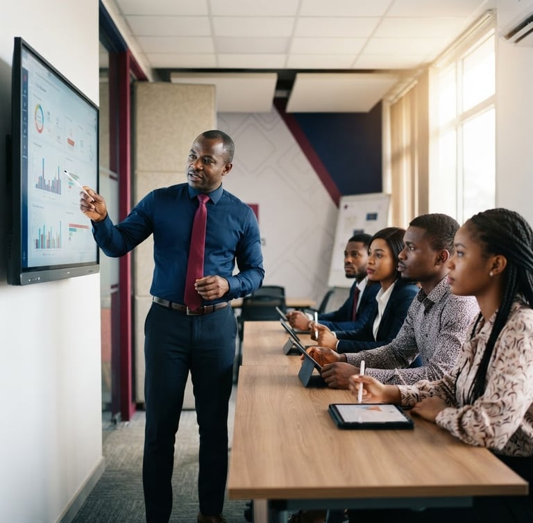 Medium-close shot of a modern training classroom in Douala, a professional instructor pointing to a clean financial dashboard on a screen, Central African students taking notes on tablets, bright natural daylight, 35mm lens.
