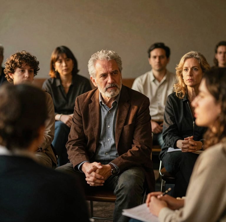 Dignified environmental portrait of community leaders in discussion, soft warm golden-hour light, rich muted earth tones, 35mm film