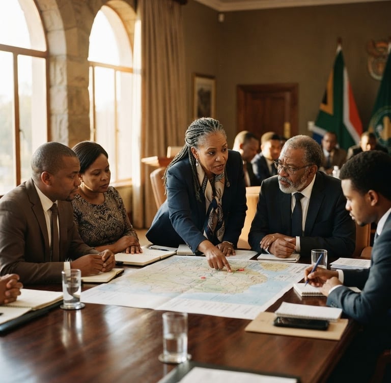 A high-level diplomatic roundtable in Pretoria, warm golden-hour light filtering through large windows, focused faces of African delegates examining strategic maps, rich muted earth tones, 35mm film.