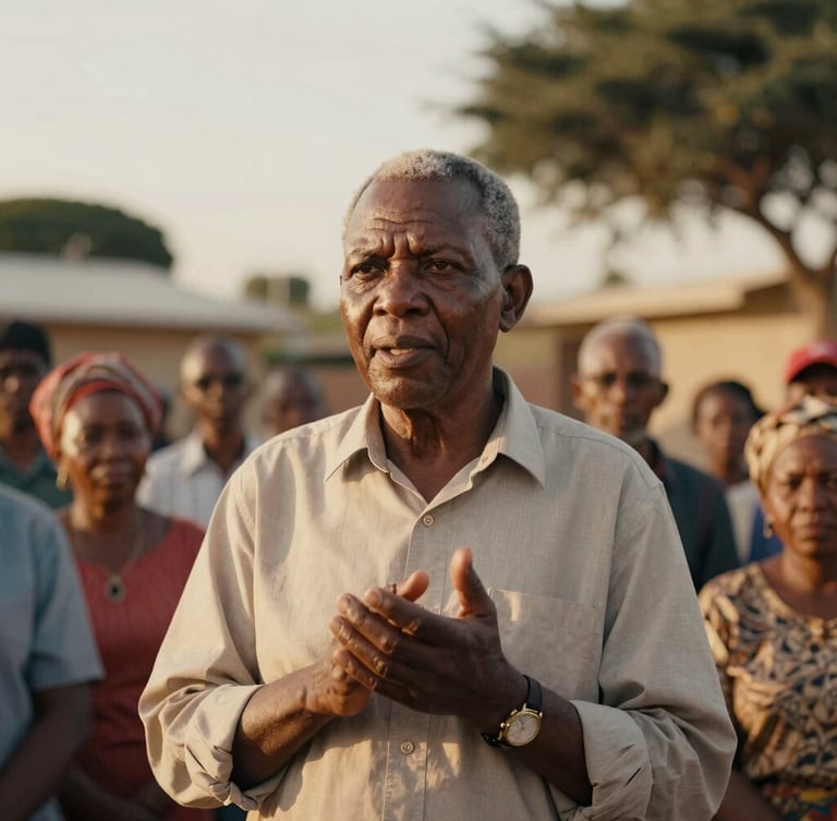 A dignified portrait of a community leader speaking at a neighborhood gathering in South Africa, warm golden-hour light, rich earth tones, shallow depth of field, 35mm film style.