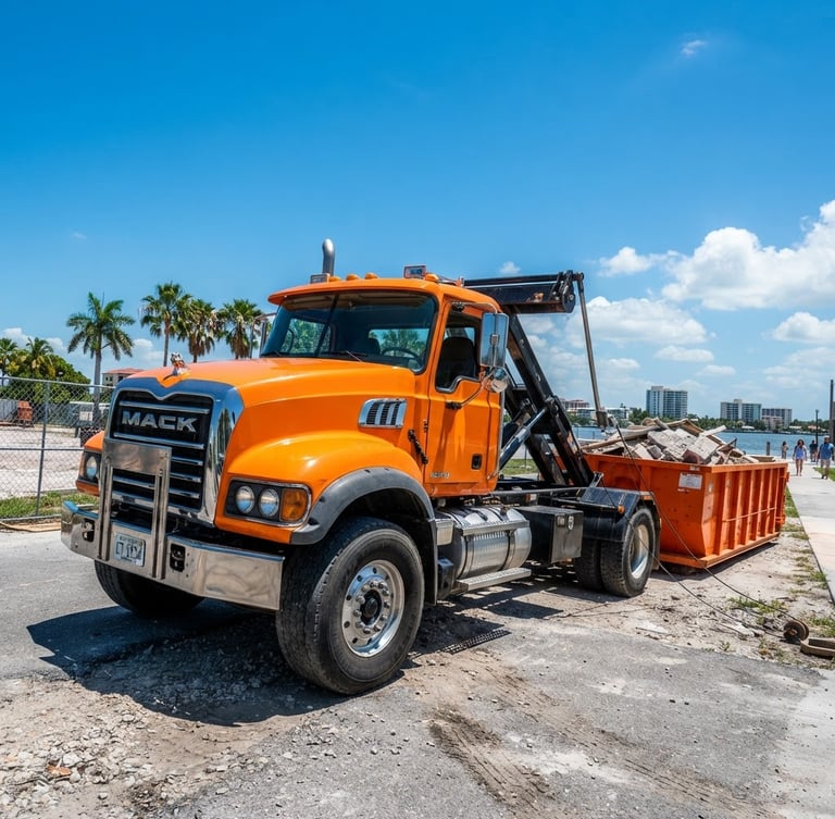 Low-angle heroic shot of a clean safety-orange roll-off dumpster truck operating in Sarasota under bright Florida sunlight, wide-angle lens, sharp shadows.