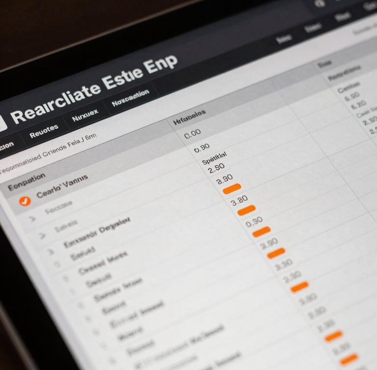 Macro close-up of a dark-mode real estate ERP interface showing a unified property ledger, sharp grid lines, safety orange data points, technical typography.