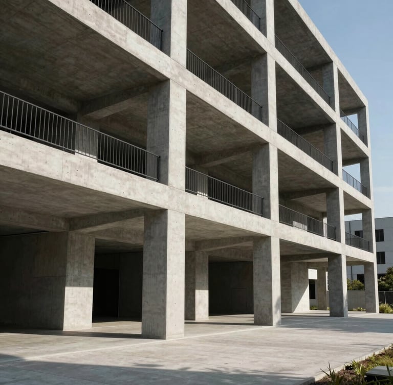 Wide geometric architectural shot of a modern concrete and steel development under hard direct sunlight, casting sharp structural shadows.