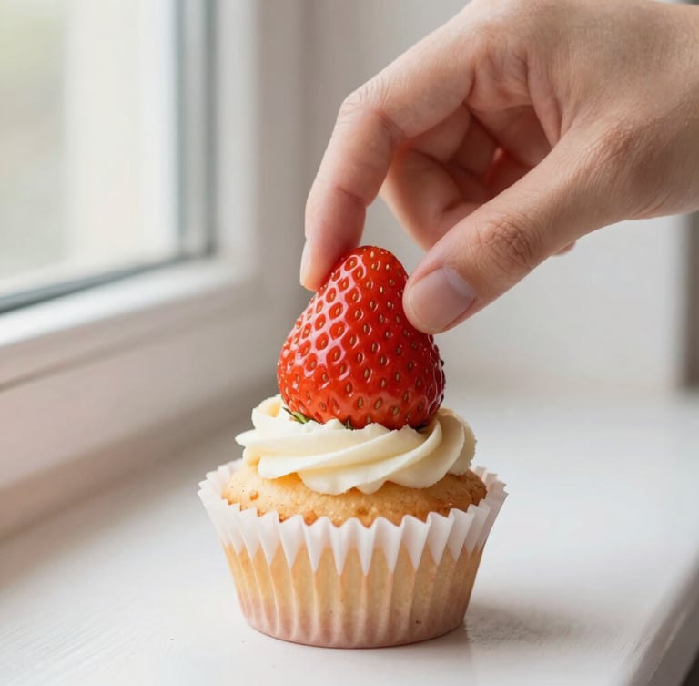 Close-up macro shot of a hand carefully placing a fresh strawberry on a small, perfectly piped Chantininho cupcake, soft side window light, shallow depth of field, pastel tones, warm editorial food photography.