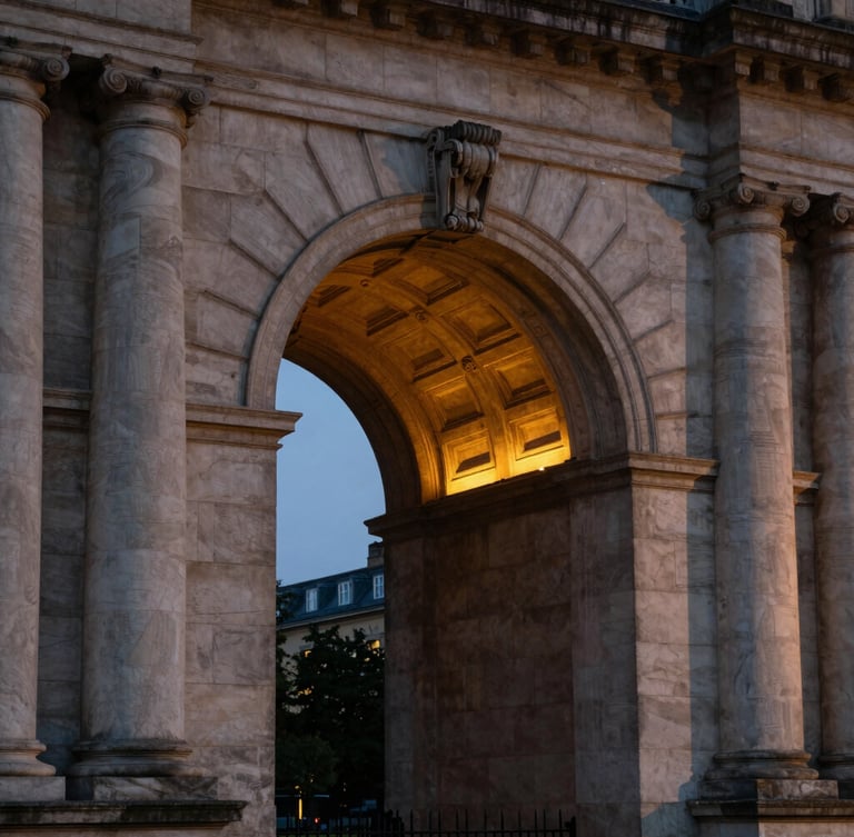 A close-up dramatic shot of a classical stone university archway illuminated by a warm golden light source, deep twilight shadows framing the architecture.