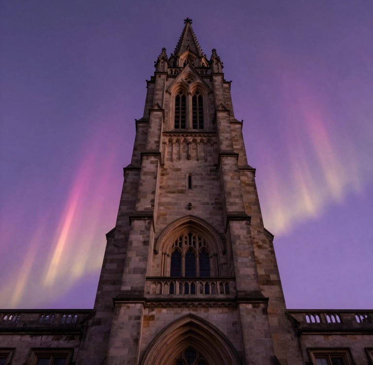Dramatic low-angle shot of classical stone university tower reaching into a deep purple twilight sky illuminated by soft pink and gold aurora light trails, majestic composition.