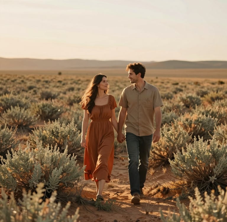 Candid environmental portrait of a couple walking hand-in-hand through a sunlit sagebrush field, warm golden-hour light, terracotta tones, shallow depth of field, 35mm