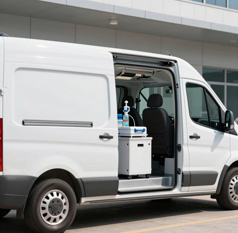 A pristine white medical delivery van parked outside a modern clinical facility in bright neutral daylight, side door open revealing organized clinical equipment.