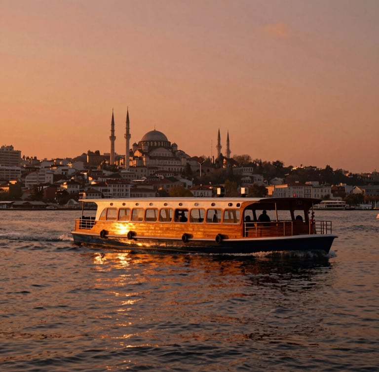 An elegant wooden water taxi cruising the Bosphorus at golden hour, deep terracotta sunset reflecting on the water, historic Istanbul skyline soft in the background, cinematic 35mm composition.
