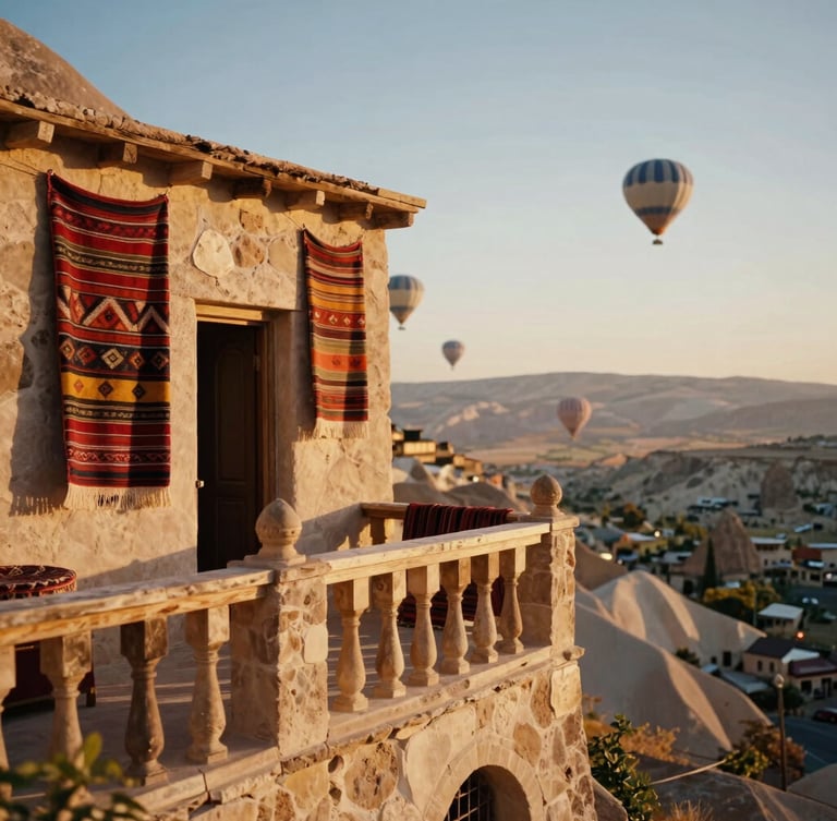 Cinematic 35mm portrait of a sun-drenched private stone balcony in Cappadocia, warm golden hour light illuminating hand-woven Turkish textiles and a distant hot air balloon.