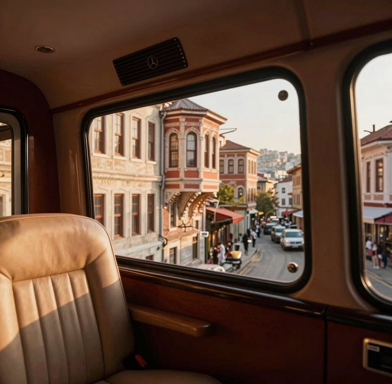 A private Mercedes luxury transport interior, looking out through the window at the historic streets of Karakoy, Istanbul, soft afternoon light.
