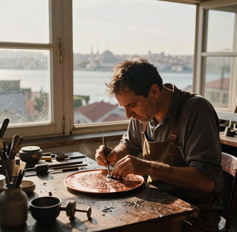 A quiet, sunlit rooftop workshop in Istanbul, a master silversmith working on an intricate copper plate, dust motes floating in the warm light, Bosphorus visible through the window.