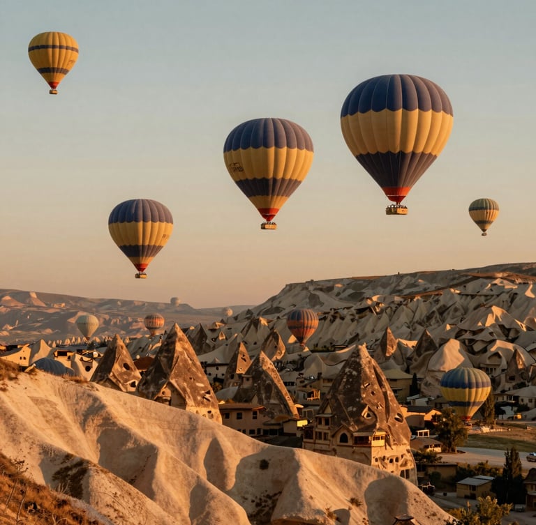 Cinematic golden hour wide shot of hot air balloons drifting over Cappadocia's fairy chimneys, warm terracotta and sand tones, editorial travel photography.