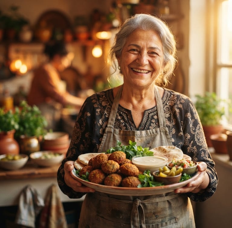 A warm, inviting portrait of a family member (e.g., a grandmother or chef) smiling, holding a platter of fresh falafel, bathed in golden-hour sunlight, shallow depth of field.