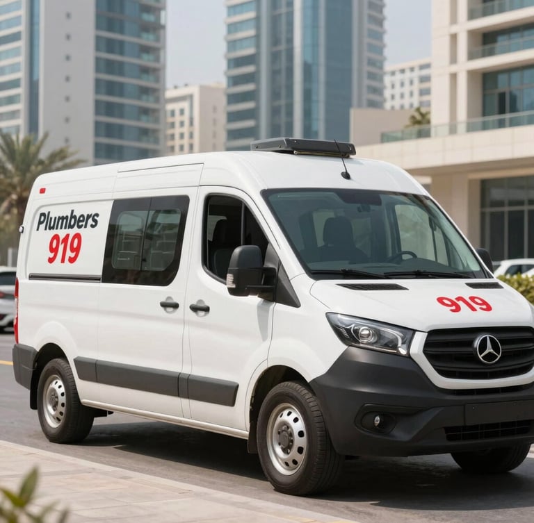 Crisp commercial photography of a clean, branded Plumbers 911 service vehicle parked outside a modern high-rise in Jumeirah Lakes Towers, bright daylight, sharp focus.