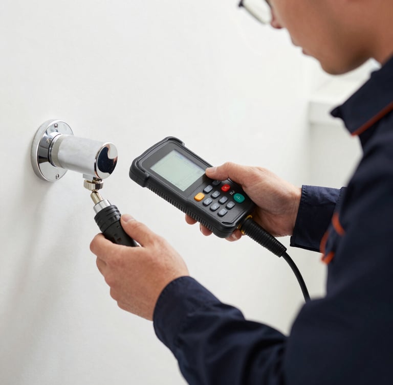 Close-up of a professional technician in a clean dark navy uniform with orange trim, using specialized digital leak detection equipment on high-end chrome fixtures, bright indoor light.