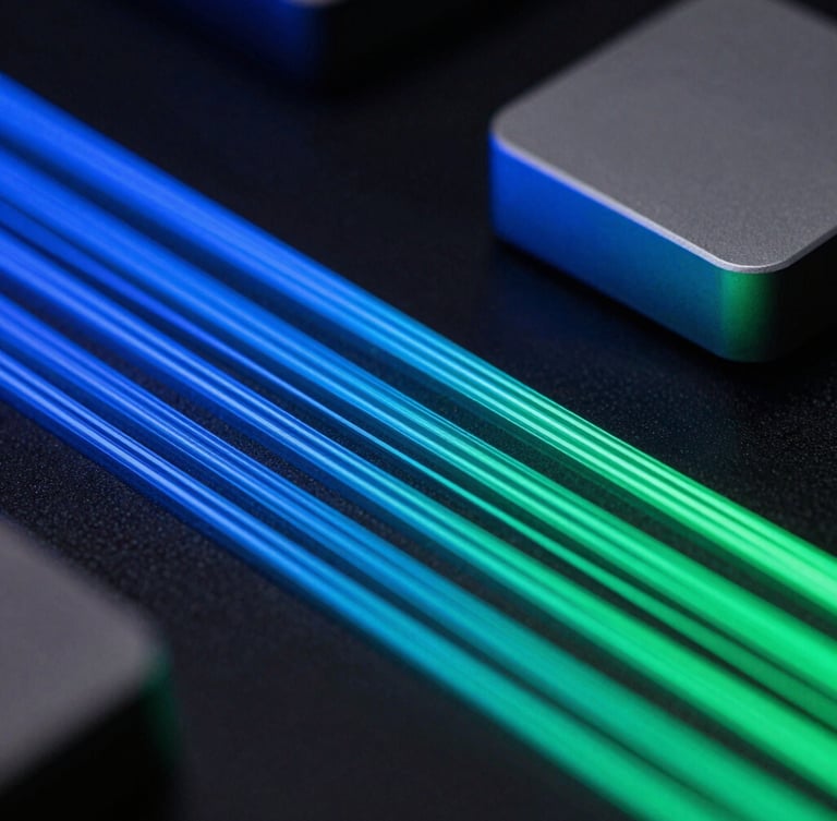 Abstract glowing data streams and clean geometric device mockups, dark ambient studio lighting, neon blue accents, sharp focus