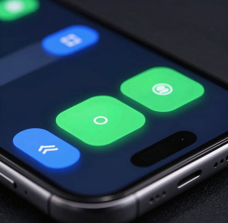 Macro shot of a mobile screen showing a highly polished, high-contrast game interface with glowing neon green touch zones, 35mm lens.