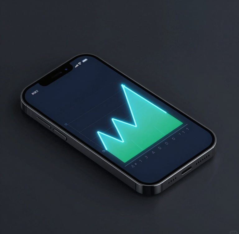 Angled isometric mockup of a smartphone interface displaying a clean vector data graph, glowing neon blue lines, dark ambient studio background.