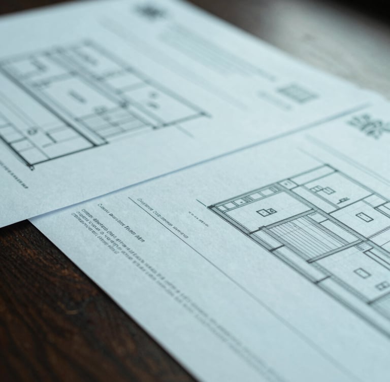 Close-up macro detail of official UK legal documents and architectural plans on a structured dark wood desk, cool soft overcast daylight, desaturated teal tones