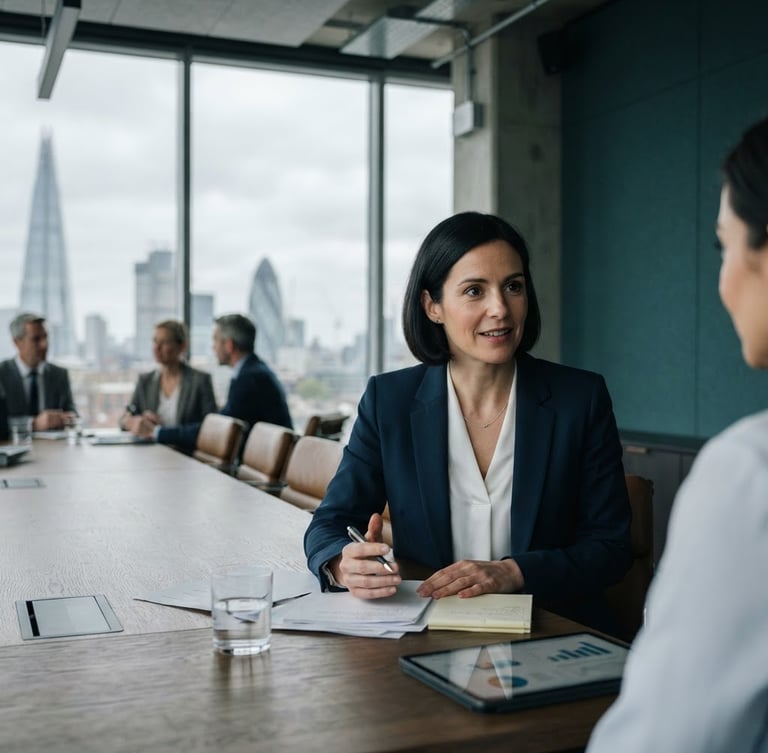 A professional environmental portrait of a UK regulatory advisor in a structured, daylight-filled boardroom, cool overcast British daylight, deep teal tones, sharp focus.