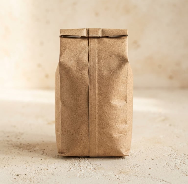 Minimalist studio photography of a 1kg craft paper coffee bag on a textured cream surface, soft diffused daylight, warm earth tones, editorial composition