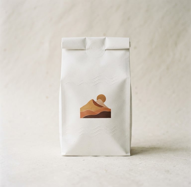 Minimalist studio photography of Arpo Café Especial White 250g package, textured off-white background, soft diffused daylight, warm earth tones, editorial composition, 50mm lens