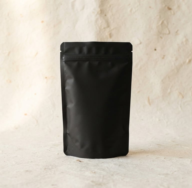 Minimalist studio photography of the Arpo Café Especial Black package, a clean matte black 250g coffee bag standing centered on a textured off-white background, soft diffused daylight, warm earth tones, editorial composition, 50mm lens.