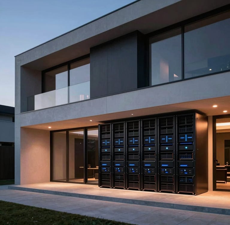 Wide architectural shot of a modern minimalist luxury home exterior at dusk, clean lines, subtle warm copper lighting, high-contrast shadows, 35mm