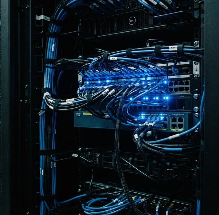 Macro details of structured cabling in a dark server rack, sharp electric blue LED status lights, ultra-clean cable management, 35mm technical photography